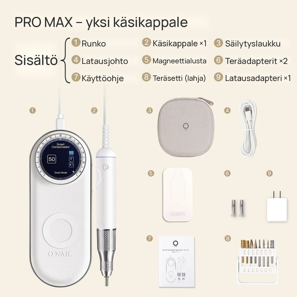 ONAIL Pro Max pakkauksen sisältö: runko, käsikappale, säilytyslaukku, magneettialusta, teräsetti ja teräadapterit