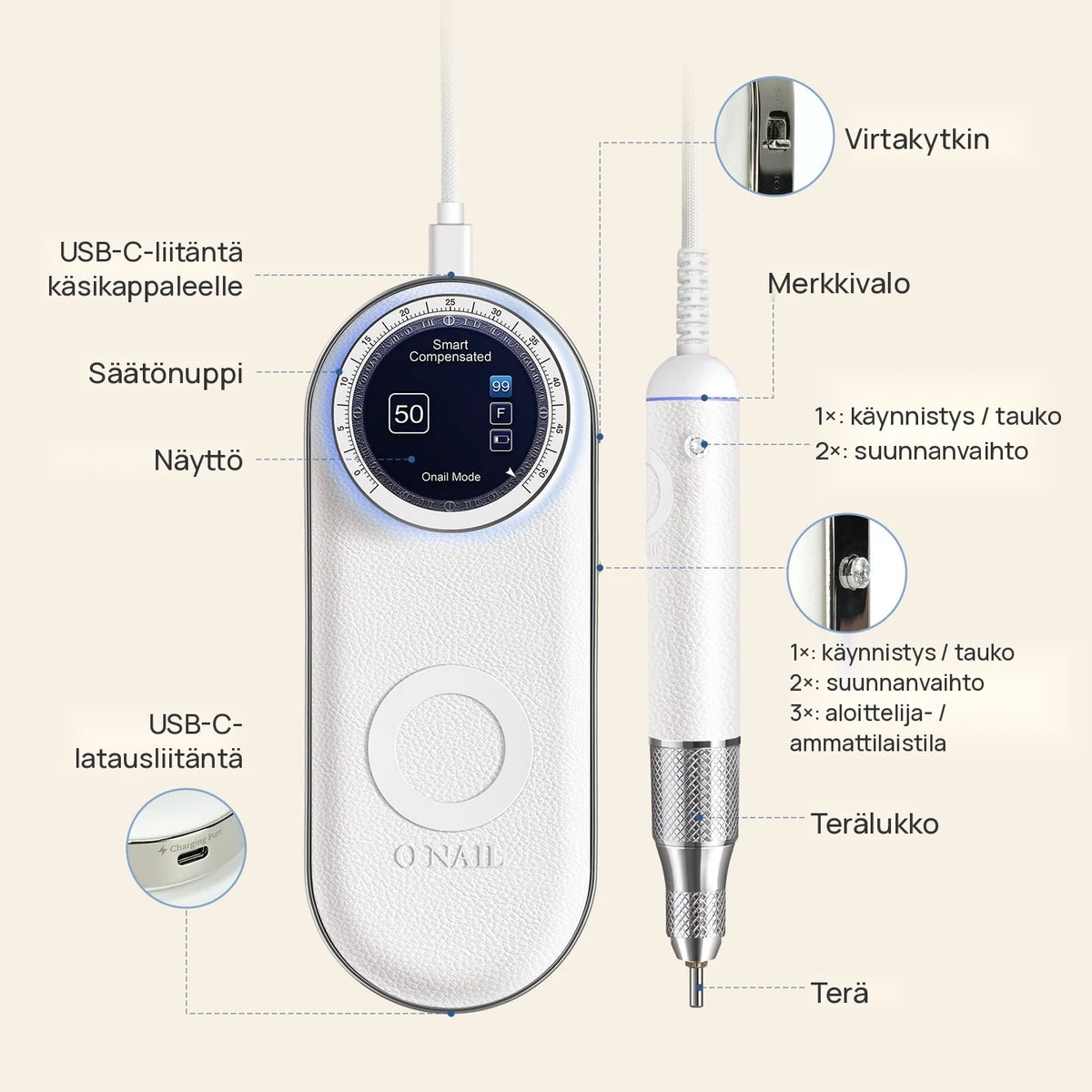 ONAIL Pro Max sähköviilan osat: näyttö, säätönuppi, USB-C-liitännät ja käsikappaleen painike