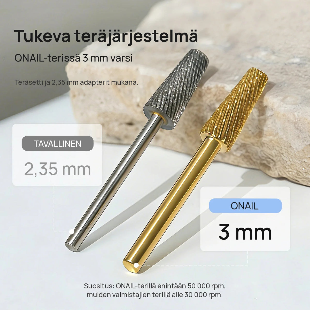 ONAIL 3 mm terä ja tavallinen 2,35 mm sähköviilan terä vertailussa