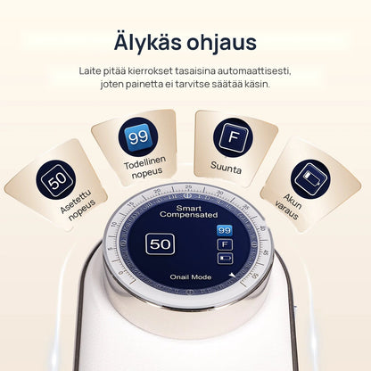ONAIL Pro Max sähköviilan näyttö: asetettu nopeus, todellinen nopeus, pyörimissuunta ja akun varaus