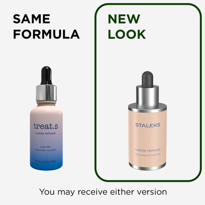 STALEKS Cuticle Remover 30 ml vanha treat.s-pakkaus ja uusi STALEKS-pakkaus rinnakkain. Sama koostumus, uudistettu ulkoasu.